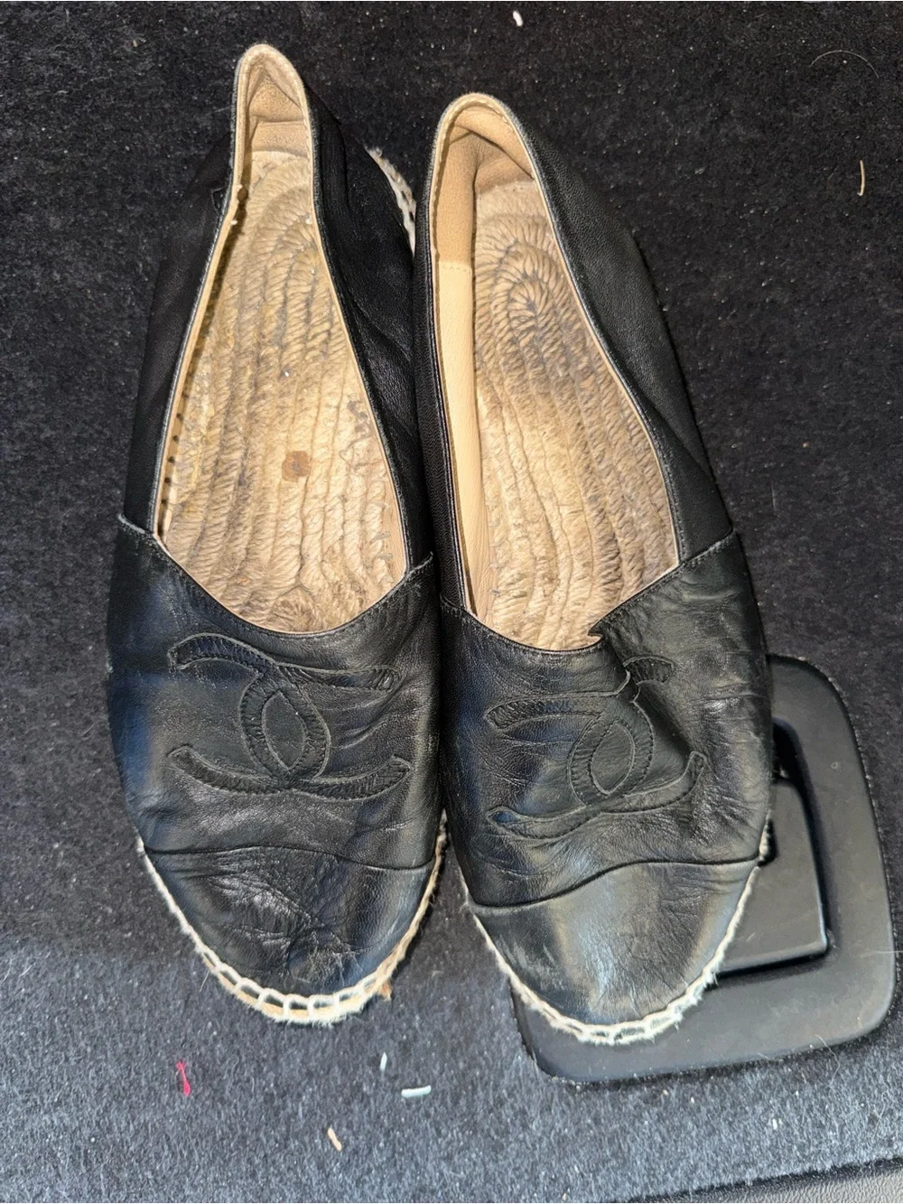 CHANEL Black Leather Espadrille Flats with Interlocking CC